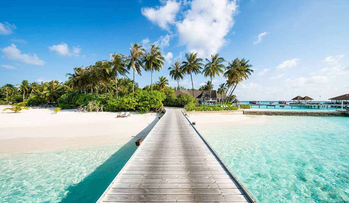 Дорожка в море на фоне пальм на Мальдивах